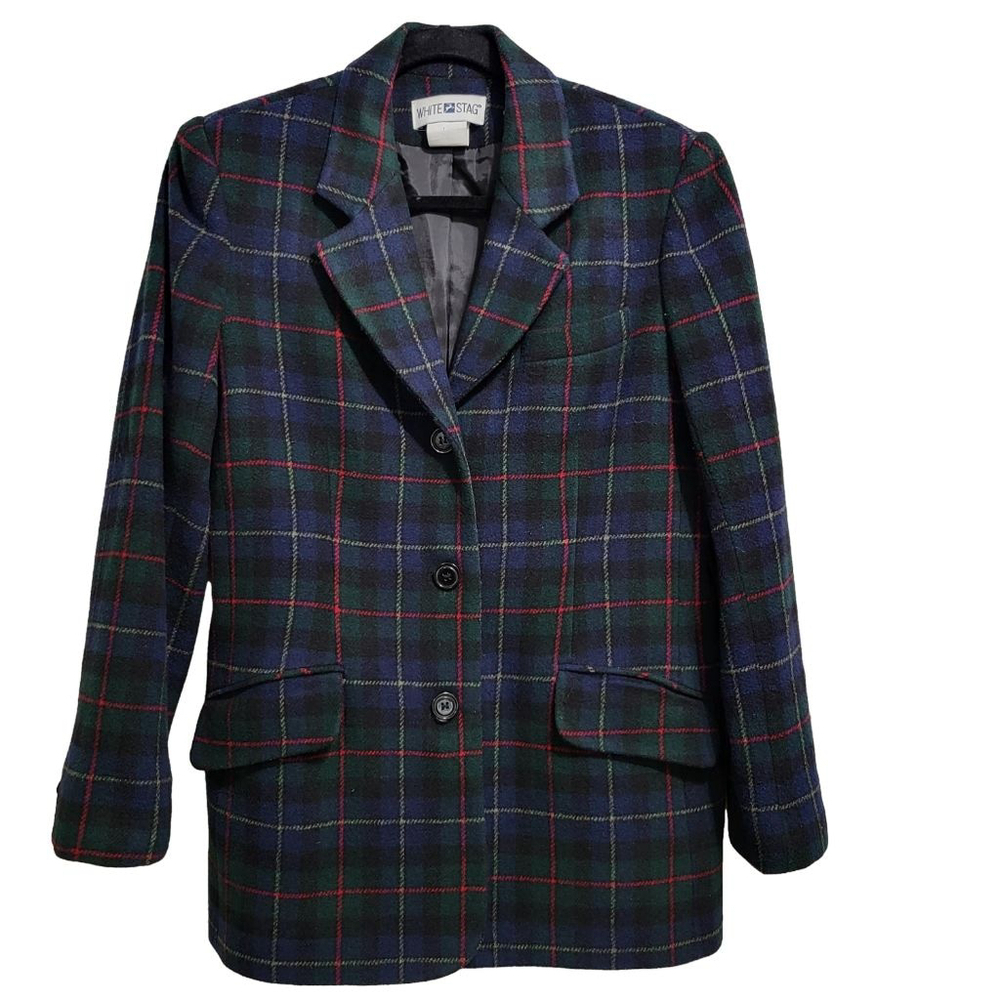 Women's White Stag Blazer Size 8 Blue Green Plaid